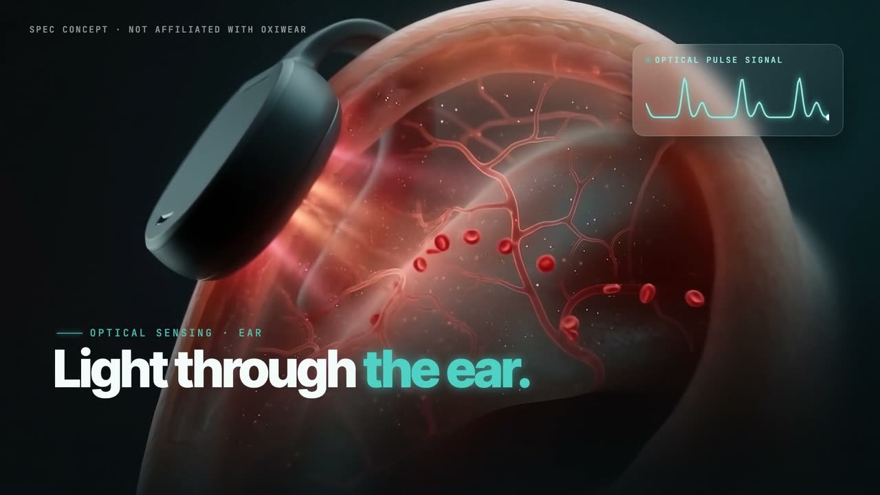 Macro of an ear-worn oximeter with light passing through the ear, from the OxiWear spec film