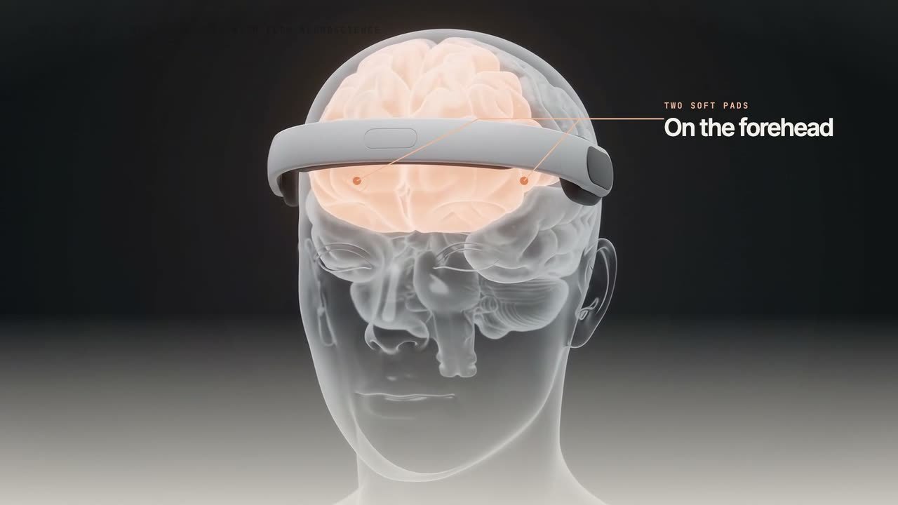 A tDCS headband on a transparent head with the brain glowing beneath it, from the Flow Neuroscience spec film