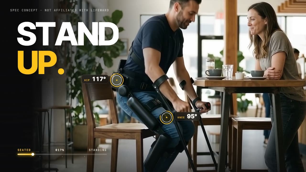A man in a powered exoskeleton standing up from a café chair, with joint-angle readouts, from the ReWalk 7 spec film